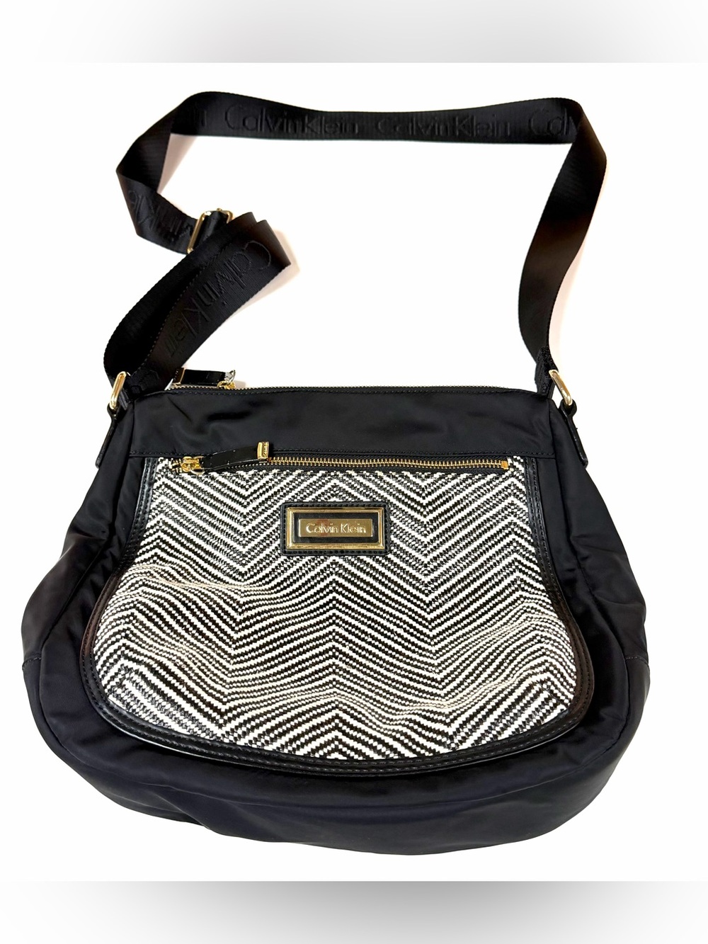 Calvin Klein Women’s Large Crossbody Purse Bag Black Off White Nylon #2485